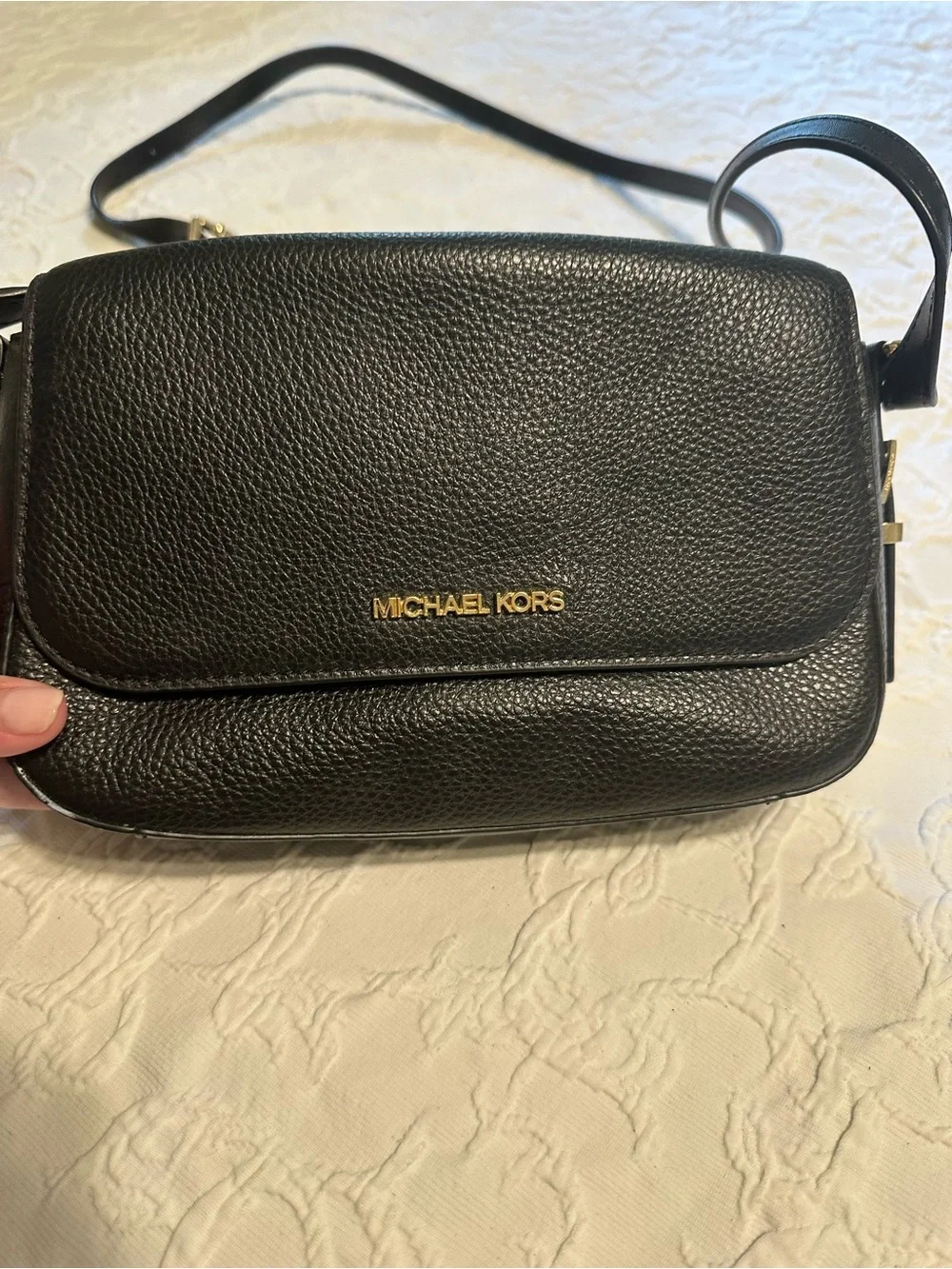 Michael Kors Black Pebbled Leather Small Crossbody with Gold Logo
